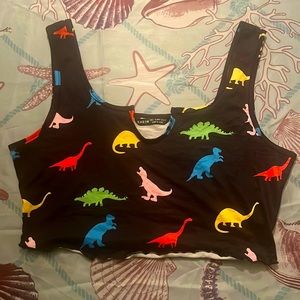 Black Crop Top With Multicolored Dinosaurs with Lettuce Trim and Cut out